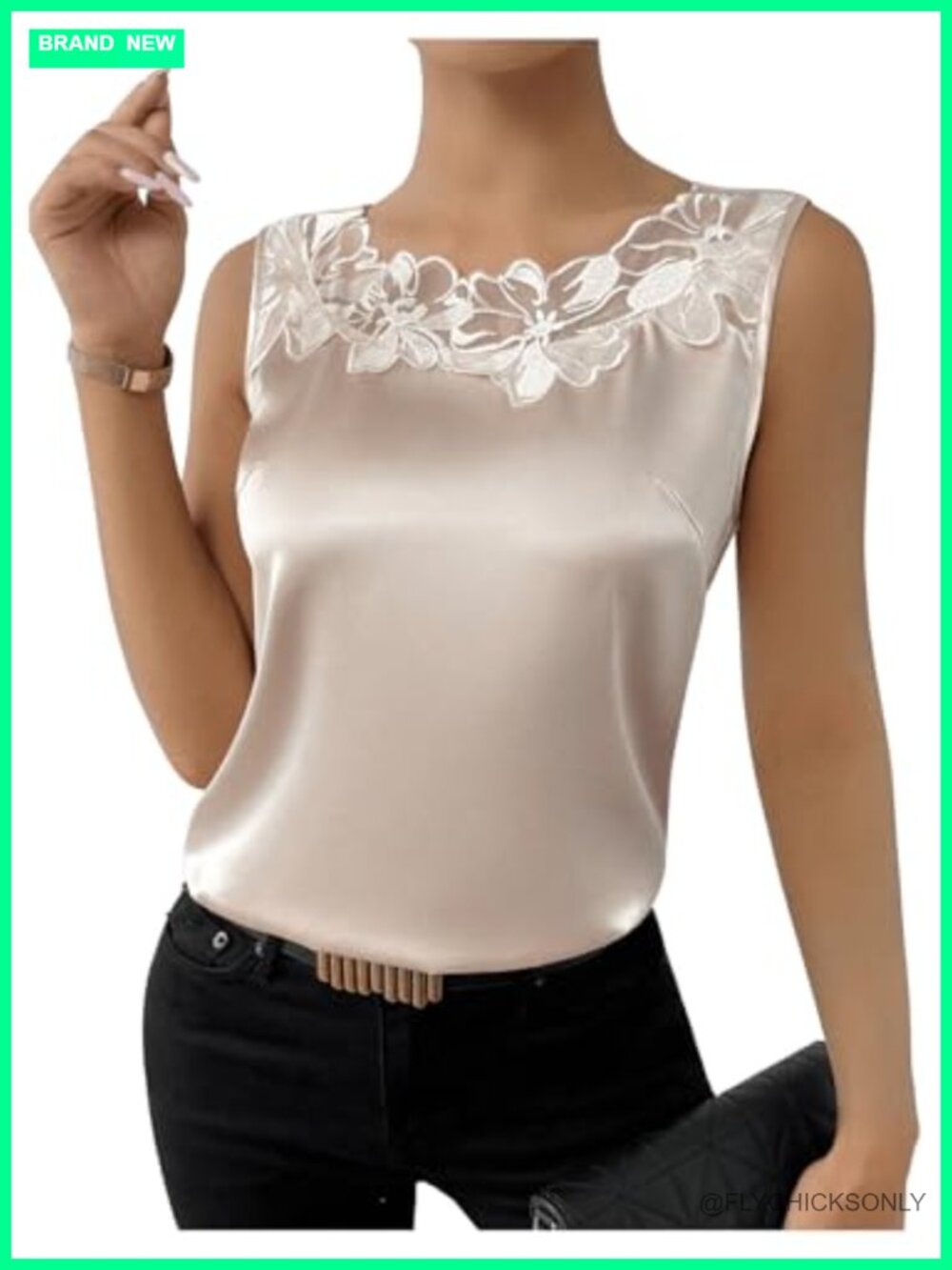 Satin Lace Sleeveless Blouse Floral Applique Tank Top Summer